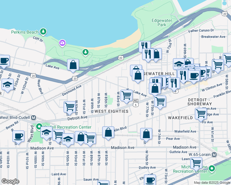 map of restaurants, bars, coffee shops, grocery stores, and more near 1325 West 85th Street in Cleveland