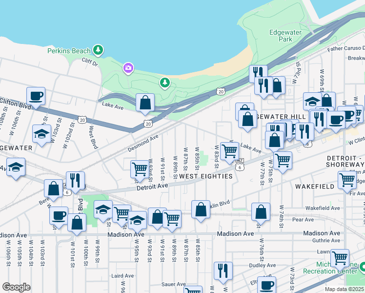 map of restaurants, bars, coffee shops, grocery stores, and more near 1325 West 87th Street in Cleveland