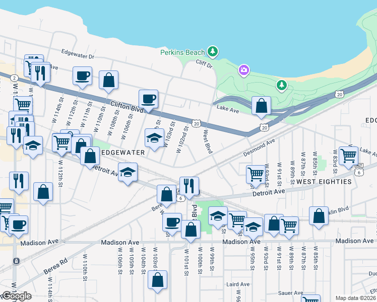 map of restaurants, bars, coffee shops, grocery stores, and more near 1329 West 102nd Street in Cleveland