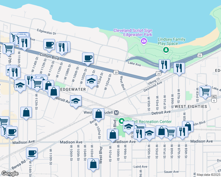 map of restaurants, bars, coffee shops, grocery stores, and more near 1329 West 102nd Street in Cleveland