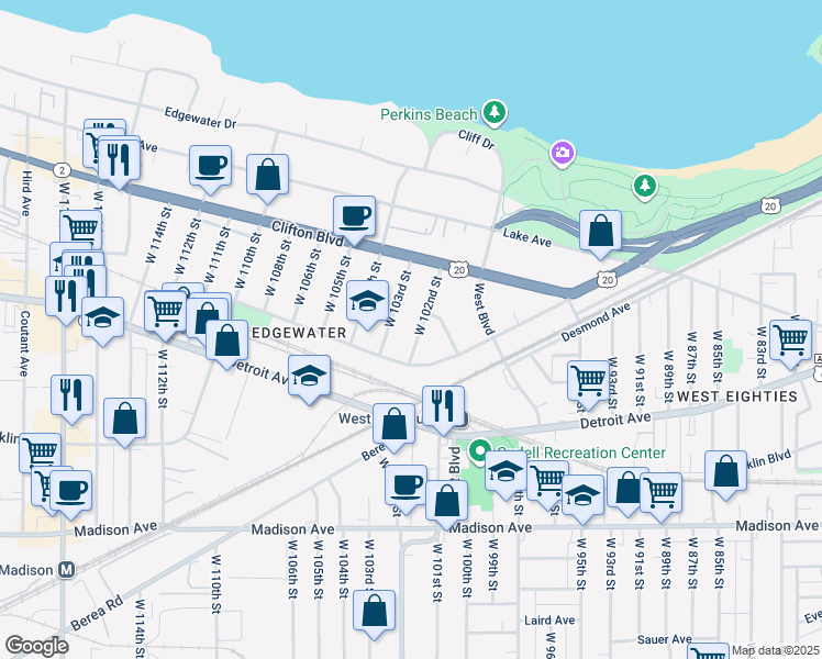 map of restaurants, bars, coffee shops, grocery stores, and more near 1329 West 102nd Street in Cleveland
