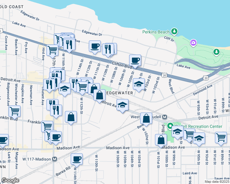 map of restaurants, bars, coffee shops, grocery stores, and more near 10611 Baltic Road in Cleveland