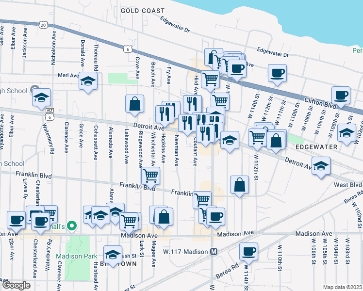 map of restaurants, bars, coffee shops, grocery stores, and more near 1446 Coutant Avenue in Lakewood