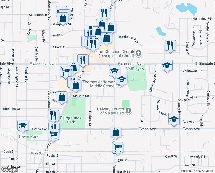 map of restaurants, bars, coffee shops, grocery stores, and more near 1103 McCord Road in Valparaiso