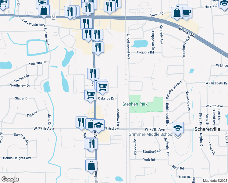 map of restaurants, bars, coffee shops, grocery stores, and more near 650 Oakside Drive in Schererville