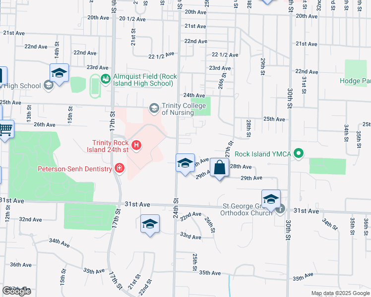 map of restaurants, bars, coffee shops, grocery stores, and more near 2735 24th Street in Rock Island