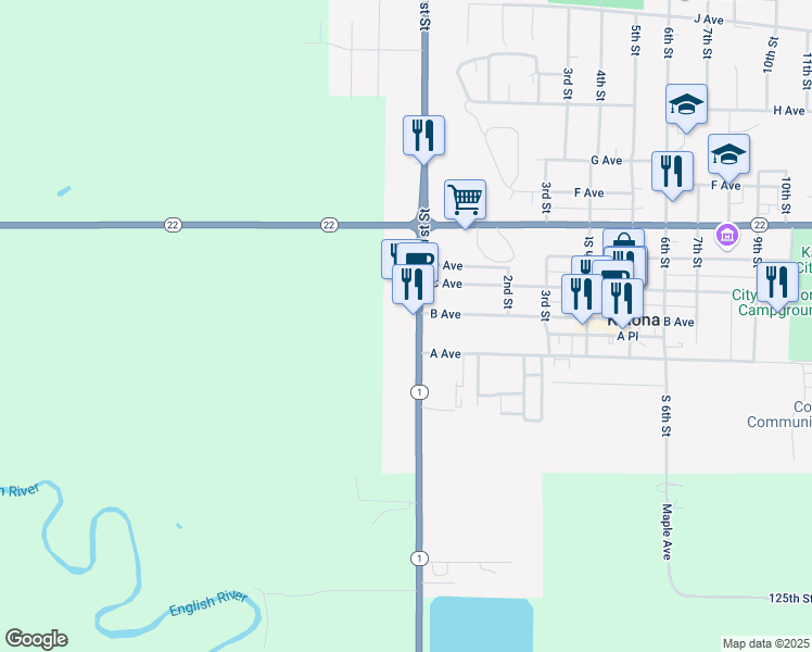 map of restaurants, bars, coffee shops, grocery stores, and more near 107 1st Street in Kalona