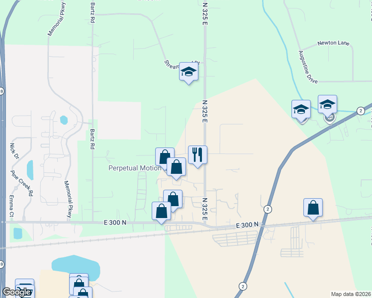 map of restaurants, bars, coffee shops, grocery stores, and more near 330 Long Bow Court in Valparaiso
