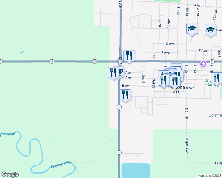 map of restaurants, bars, coffee shops, grocery stores, and more near 107 1st Street in Kalona