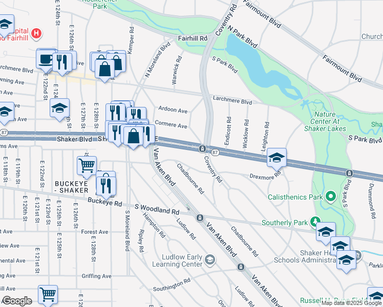 map of restaurants, bars, coffee shops, grocery stores, and more near 13901 Drexmore Road in Cleveland