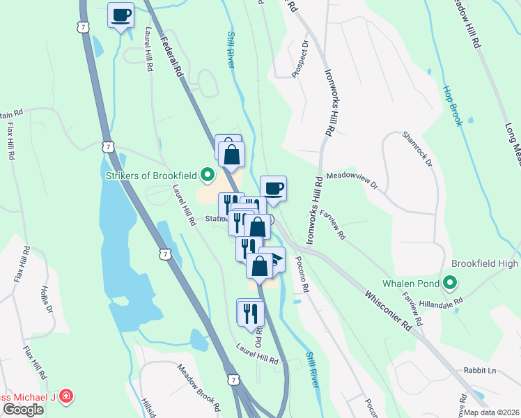 map of restaurants, bars, coffee shops, grocery stores, and more near 281 Whisconier Rd in Brookfield
