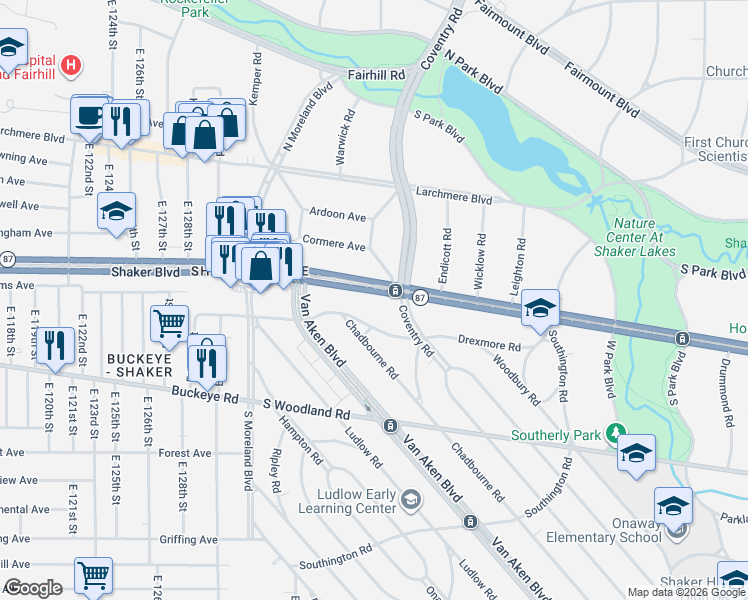 map of restaurants, bars, coffee shops, grocery stores, and more near 13817 Drexmore Road in Cleveland