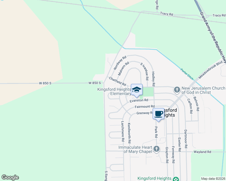 map of restaurants, bars, coffee shops, grocery stores, and more near 519 Oxford Road in La Porte