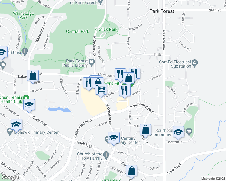 map of restaurants, bars, coffee shops, grocery stores, and more near in Park Forest