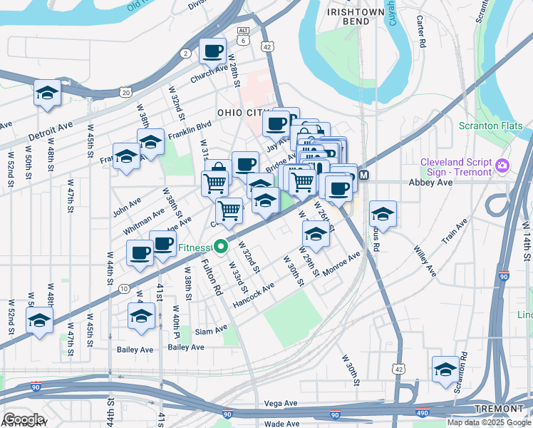 map of restaurants, bars, coffee shops, grocery stores, and more near 1911 West 30th Street in Cleveland