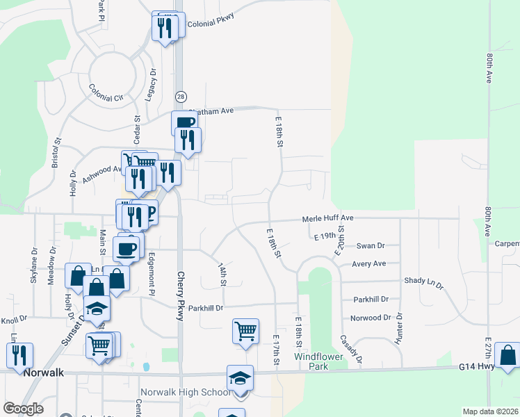 map of restaurants, bars, coffee shops, grocery stores, and more near 1721 Merle Huff Avenue in Norwalk