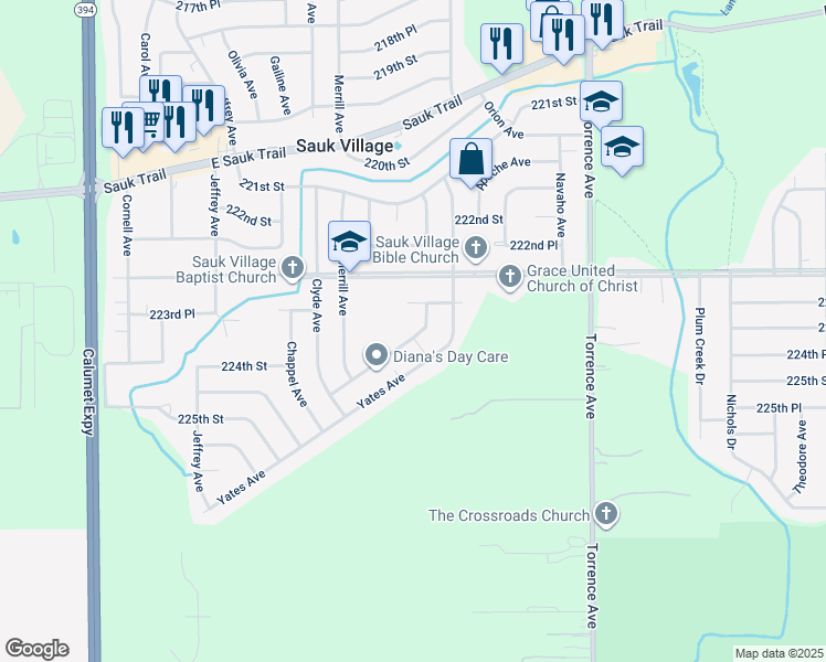 map of restaurants, bars, coffee shops, grocery stores, and more near 22344 Strassburg Avenue in Sauk Village