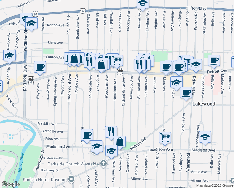 map of restaurants, bars, coffee shops, grocery stores, and more near 1493 Northland Avenue in Lakewood