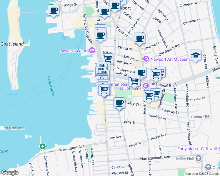 map of restaurants, bars, coffee shops, grocery stores, and more near 27 Brewer Street in Newport