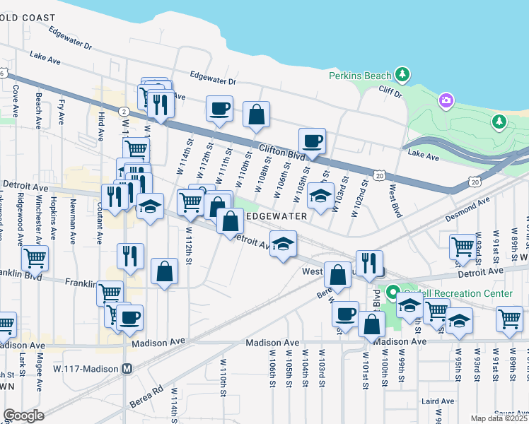map of restaurants, bars, coffee shops, grocery stores, and more near 10611 Baltic Road in Cleveland