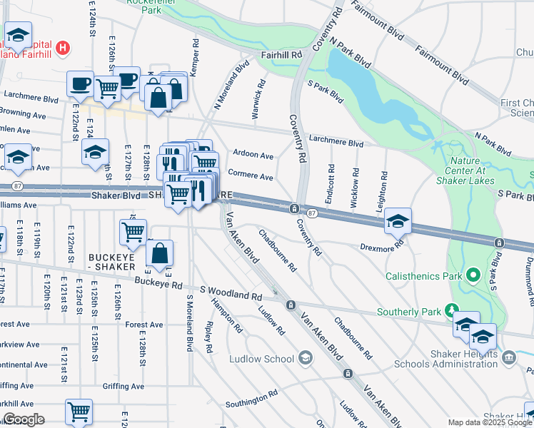 map of restaurants, bars, coffee shops, grocery stores, and more near 13701 Drexmore Road in Cleveland