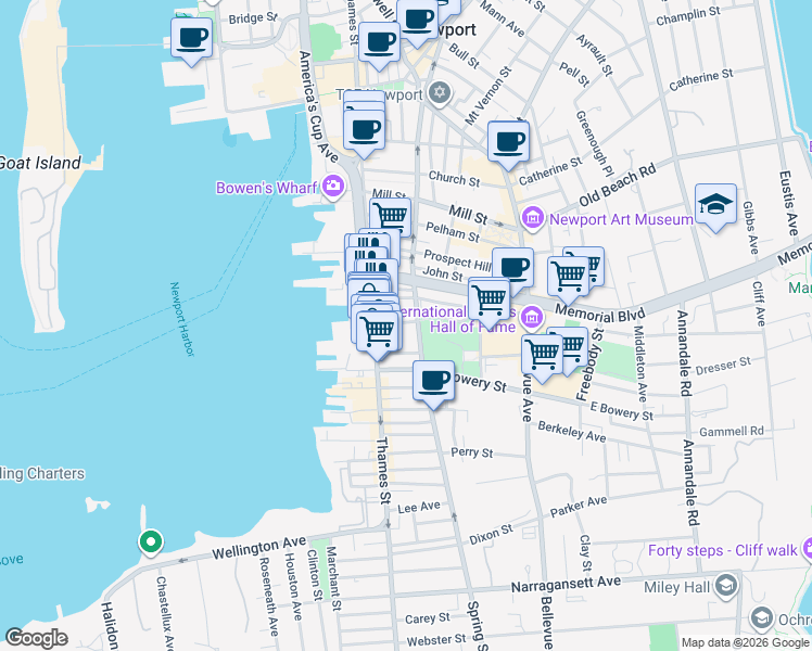 map of restaurants, bars, coffee shops, grocery stores, and more near 35 Brewer Street in Newport