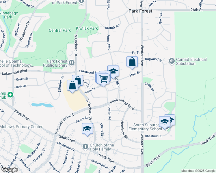 map of restaurants, bars, coffee shops, grocery stores, and more near 64 Lester Road in Park Forest