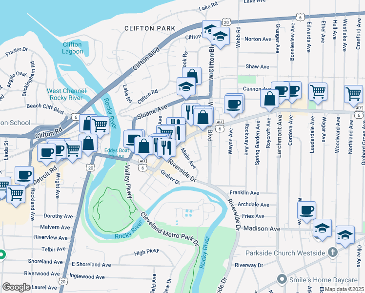 map of restaurants, bars, coffee shops, grocery stores, and more near 1407 Maile Avenue in Lakewood
