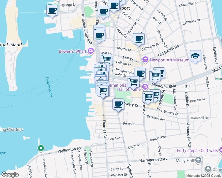 map of restaurants, bars, coffee shops, grocery stores, and more near 309 Spring Street in Newport