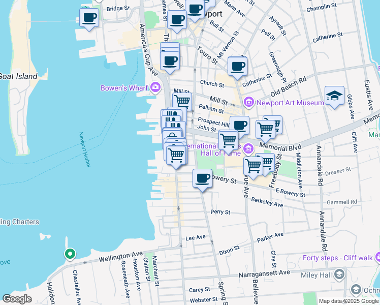 map of restaurants, bars, coffee shops, grocery stores, and more near 309 Spring Street in Newport