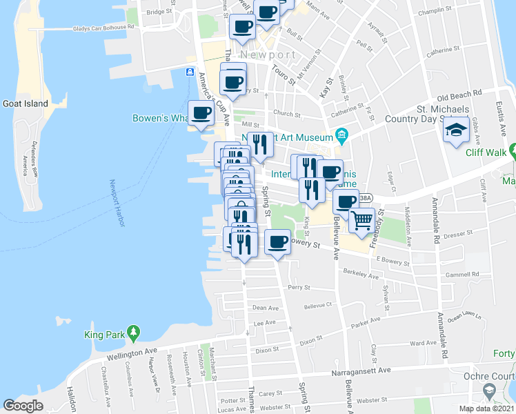 map of restaurants, bars, coffee shops, grocery stores, and more near 309 Spring Street in Newport