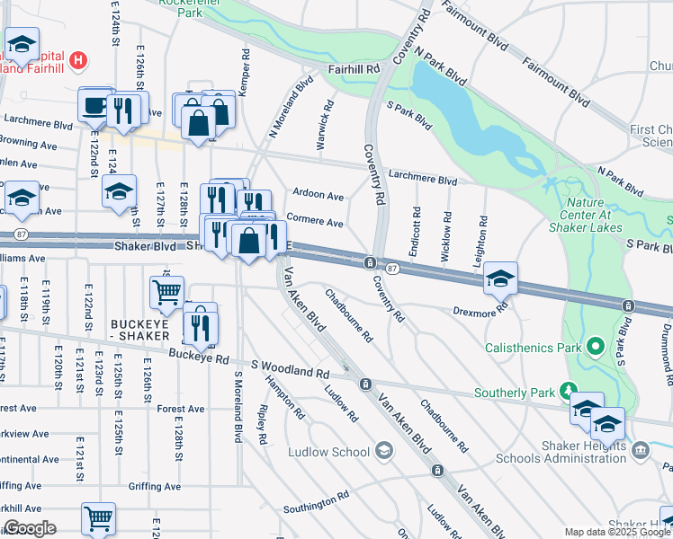 map of restaurants, bars, coffee shops, grocery stores, and more near 13701 Drexmore Road in Cleveland
