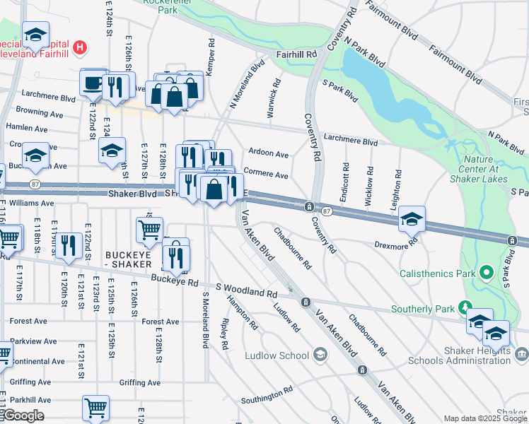 map of restaurants, bars, coffee shops, grocery stores, and more near 13701 Drexmore Road in Cleveland