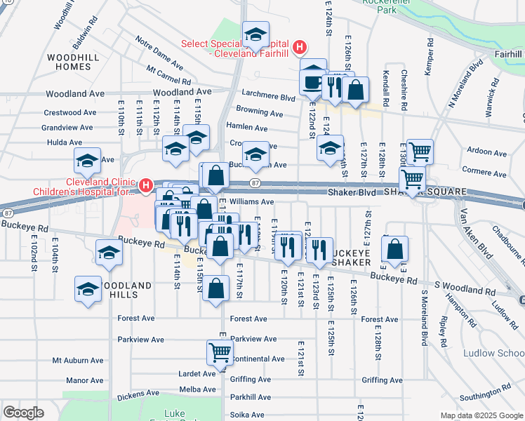 map of restaurants, bars, coffee shops, grocery stores, and more near 2798 East 119th Street in Cleveland