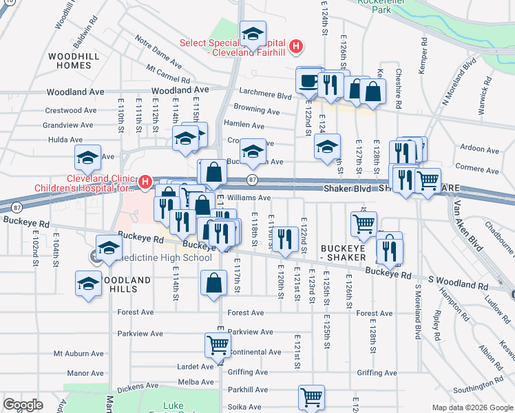 map of restaurants, bars, coffee shops, grocery stores, and more near 2798 East 119th Street in Cleveland