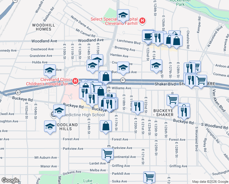 map of restaurants, bars, coffee shops, grocery stores, and more near 2805 East 117th Street in Cleveland