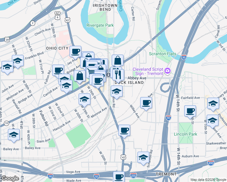 map of restaurants, bars, coffee shops, grocery stores, and more near 2201 Columbus Road in Cleveland