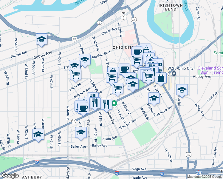 map of restaurants, bars, coffee shops, grocery stores, and more near 1946 West 32nd Street in Cleveland