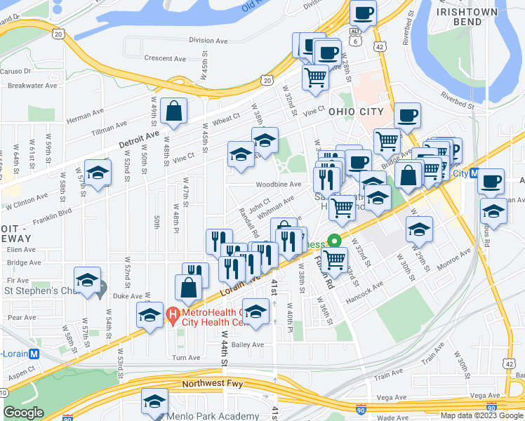 map of restaurants, bars, coffee shops, grocery stores, and more near 4005 Whitman Avenue in Cleveland