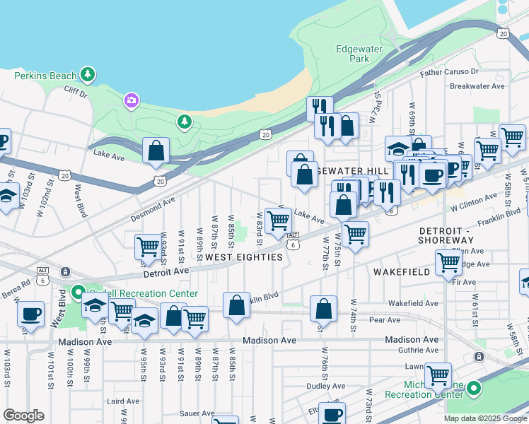 map of restaurants, bars, coffee shops, grocery stores, and more near 1343 West 83rd Street in Cleveland