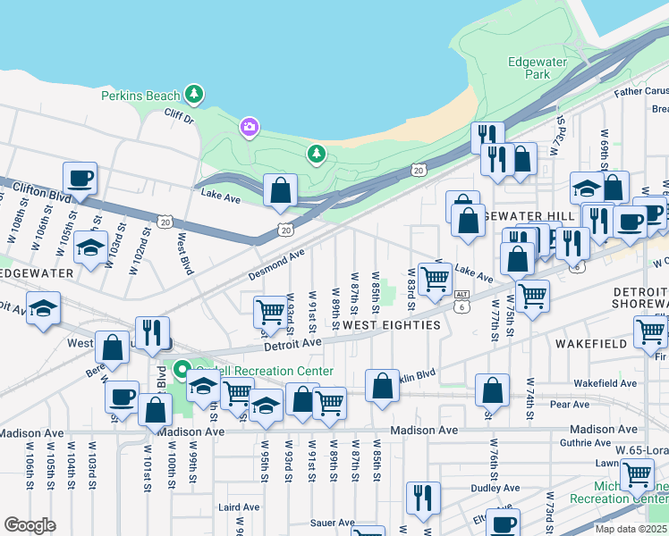 map of restaurants, bars, coffee shops, grocery stores, and more near 1318 West 89th Street in Cleveland