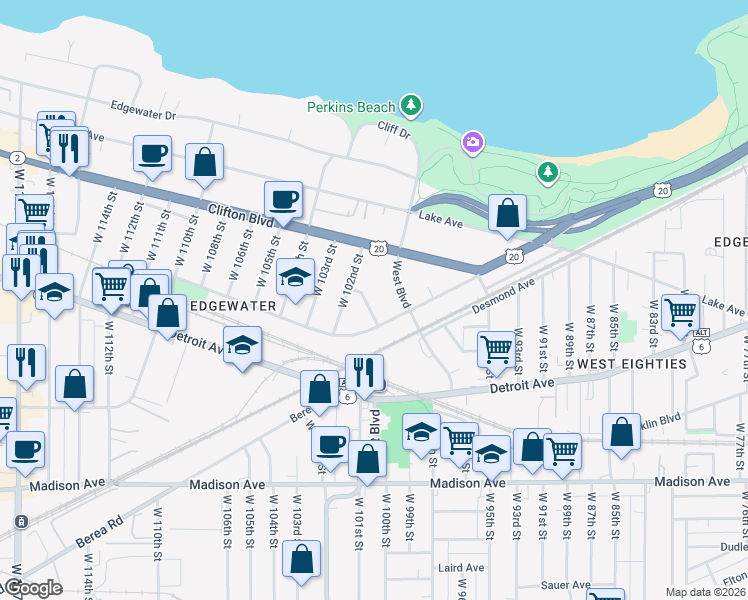 map of restaurants, bars, coffee shops, grocery stores, and more near 10020 Baltic Road in Cleveland