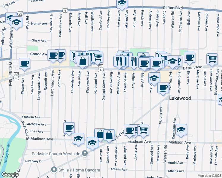 map of restaurants, bars, coffee shops, grocery stores, and more near 1494 Rosewood Avenue in Lakewood