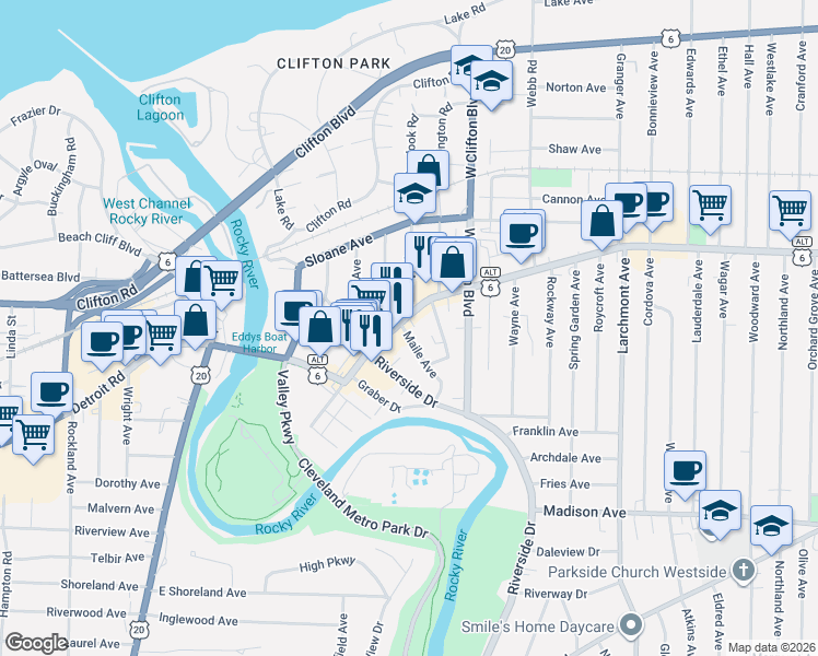 map of restaurants, bars, coffee shops, grocery stores, and more near in Lakewood