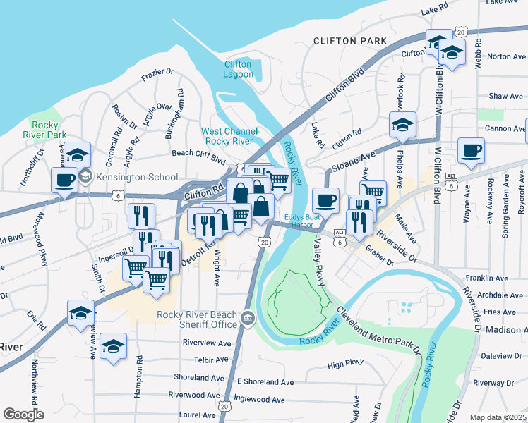 map of restaurants, bars, coffee shops, grocery stores, and more near 19113 Detroit Road in Rocky River