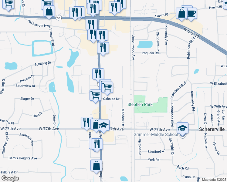 map of restaurants, bars, coffee shops, grocery stores, and more near 650 Oakside Drive in Schererville