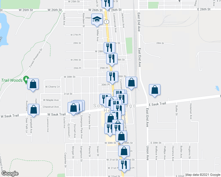 map of restaurants, bars, coffee shops, grocery stores, and more near 85 West 31st Street in South Chicago Heights