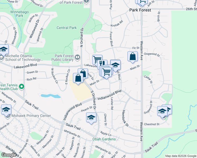 map of restaurants, bars, coffee shops, grocery stores, and more near in Park Forest