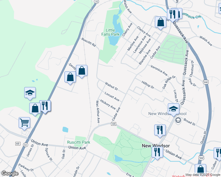 map of restaurants, bars, coffee shops, grocery stores, and more near 19 Walnut Street in New Windsor