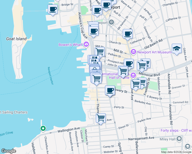map of restaurants, bars, coffee shops, grocery stores, and more near 1 Brewer Street in Newport